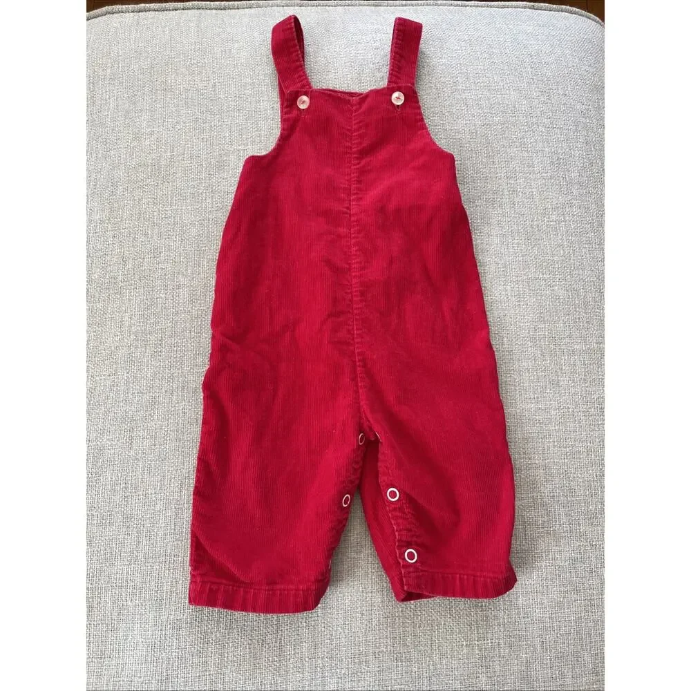 Vintage 70s Lot of 2 Red Corduroy Bib Overalls 6 mths Babygro Baby Sleeper Pjs